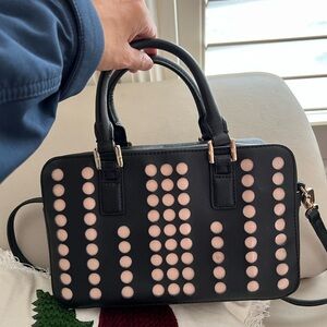 Tory Burch Robinson Black Saffiano Leather Lily Polka Dot Square Satchel